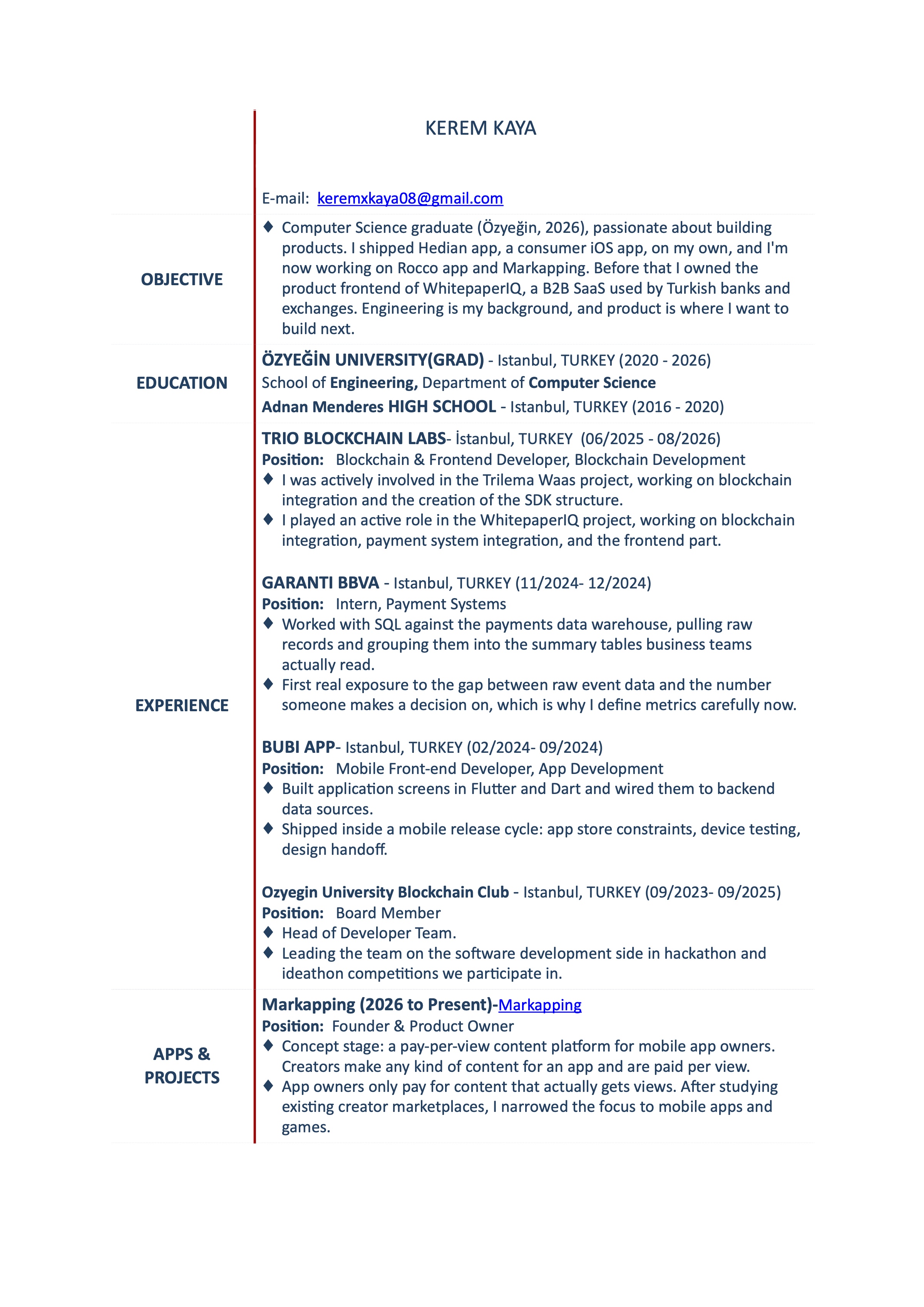 Kerem Kaya resume, page 1: objective, education, experience and Markapping